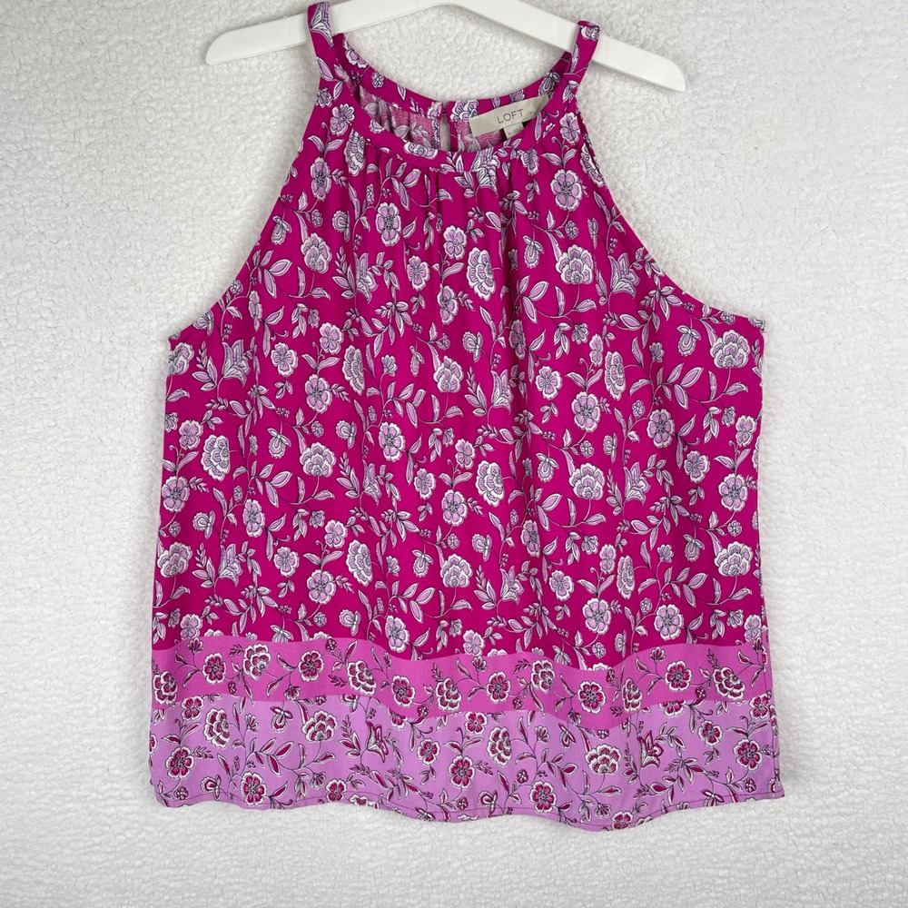 LOFT Womens XL Magenta Pink Floral Halter Neck Sleeveless Blouse Border Hem Top - Picture 2 of 9